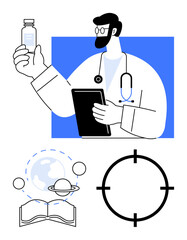 Doctor in white coat holding tablet and medicine bottle. Open book with planetary icons and target symbol. Ideal for healthcare, education, research, space exploration, technology, innovation