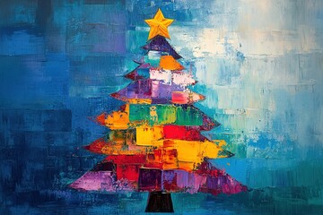Colorful abstract Christmas tree painting with a yellow star