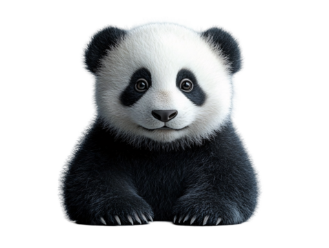 A cute, fluffy panda with distinctive black and white markings, showcasing its playful and gentle demeanor on transparent background.