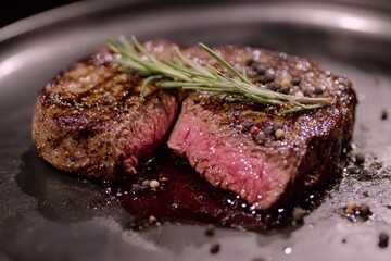 Perfectly grilled medium-rare steak adorned with rosemary and black peppercorns, showcasing juicy pink interior.
