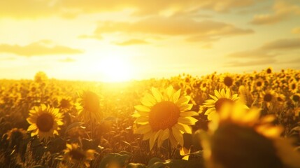 Fototapeta premium Sunlit sunflowers in a vast field at sunset.