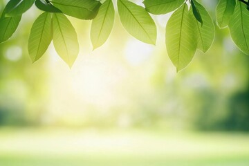 Obraz premium Green leaf on blurred greenery background.Beautiful leaf texture in sunlight.background natural green plants landscape, ecology.Closeup nature view with free space for text.Natural green background.
