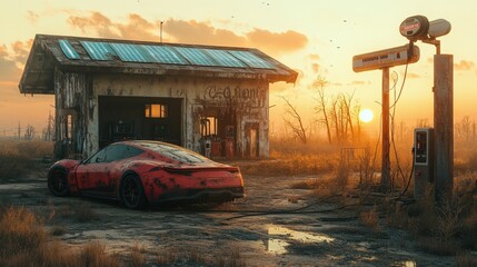 A rustic scene featuring a vintage red car parked near a dilapidated garage, with a sunset backdrop illuminating the overgrown landscape.