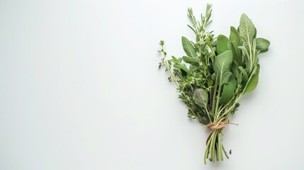 Obraz premium A bundle of fresh herbs arranged neatly, showcasing their vibrant green colors and textures.