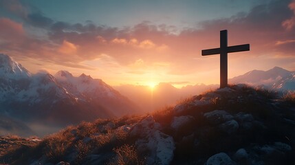 Fototapeta premium Majestic Sunset Silhouette of a Cross Atop a Mountain Peak