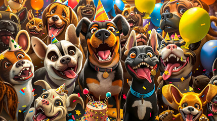 Fototapeta premium A group of dogs with birthday hats and balloons