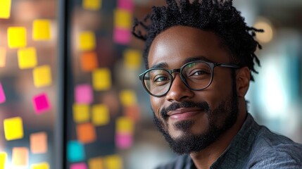 Fototapeta premium Young man with glasses smiles warmly while sitting by a window adorned with colorful sticky notes