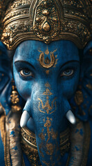 Obraz premium Ganesha, with blue skin and golden decorations, close-up, hyper-realistic, cinematic lighting, Indian background, intricate details, sharp focus.
