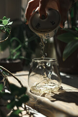 Pouring a Refreshing Drink into a Beautiful Glass That is Surrounded by Lush Green Plants