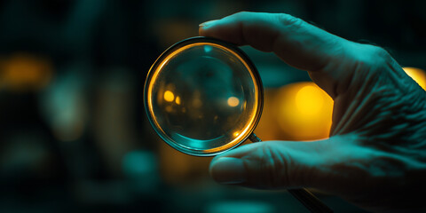 Close-up of a hand holding a magnifying glass, with a blurred background. 