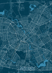 A detailed map of Minsk, Belarus, rendered in a minimalist style. The map features a dark blue background with white lines representing streets and roads.