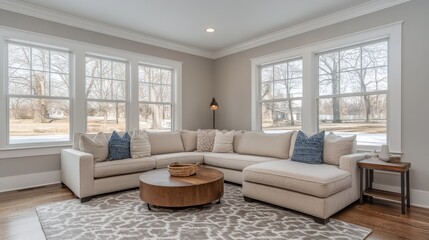 Fototapeta premium Cozy living room with a sectional sofa, round coffee table, and large windows for natural light.
