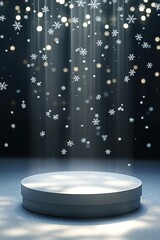 Empty podium with snowflakes, winter promotion stage.