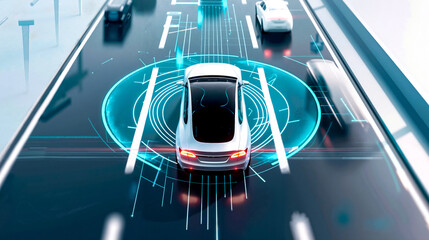 A car driving on a highway with a futuristic interface