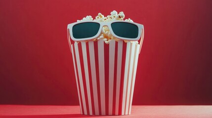 Whimsical Popcorn Bucket with Sunglasses on a Vibrant Red Background, Perfect for Capturing the Fun of Movie Nights and Celebrations