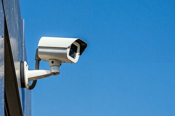 A white security camera mounted on a building exterior.