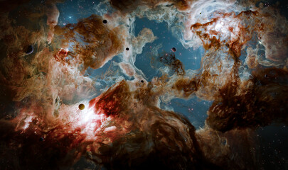 Nebula in outer space, planets and galaxy, 3d animation