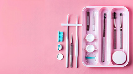 A set of dental tools in a plastic container on a pink background