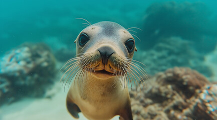 Underwater photograph of a cute sea lion, smiling at the camera, taken in the Galapagos Islands. The image features realistic skin and natural features, 