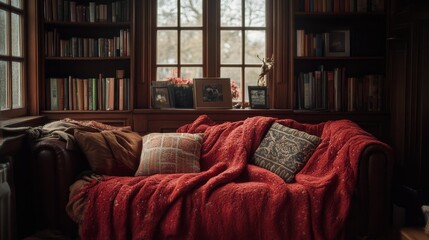 Fototapeta premium A cozy living room scene featuring a red blanket draped over a sofa, surrounded by books and natural light.