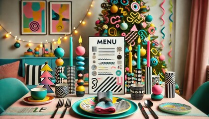 Memphis Style Christmas Table Setting with Bold Geometric Shapes, Bright Colors, and Creative Decor