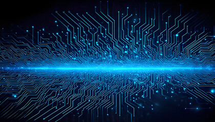 Abstract digital network circuit board background banner with glowing light and connecting data dots in blue and black colors. Big data technology concept. 