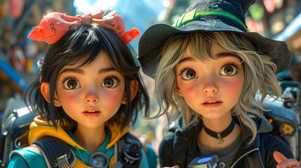 A couple of young girls dressed up as witches in a city