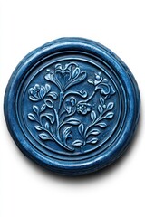 PNG Decorative blue wax seal featuring an intricate floral design.