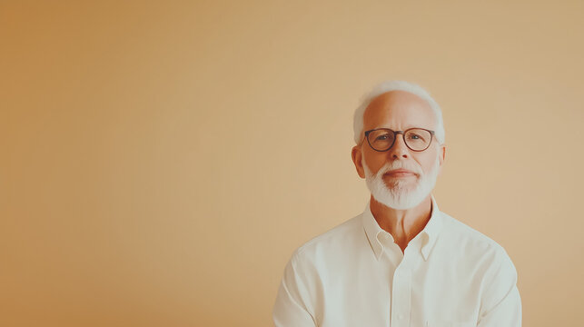 Elderly man with white beard and glasses poses thoughtfully against a soft peach background - Powered by Adobe