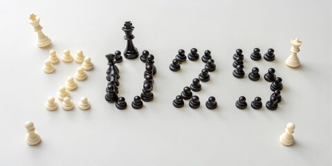 Chess Inspired 2025 Composition - A creative arrangement of chess pieces forming the number 2025, symbolizing strategy, competition, and intellectual development.
