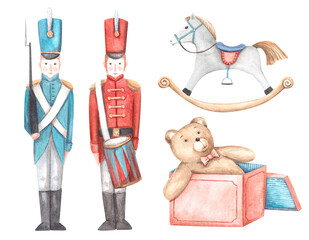 Christmas present boxe with teddy bear, wood rocking horse, tin soldier, drummer isolated on transparent background. Set of vintage children toys. Hand drawn watercolor clipart collection. 