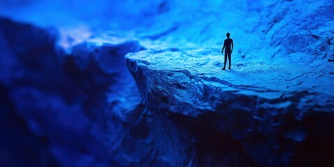 Obraz premium Solitary Figure on a Blue Rock Cliff Edge