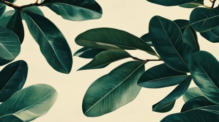 Lush dark green leaves are intricately layered, forming a natural canopy. The soft light enhances their rich textures, promoting a tranquil and refreshing atmosphere