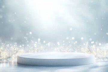 Winter podium with sparkling snowflakes and bokeh lights.
