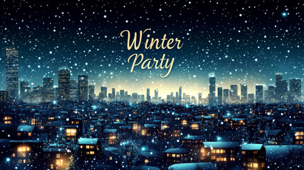 Snowy cityscape with lit buildings under a night sky reads "Winter Party". Concept of festive winter celebration.