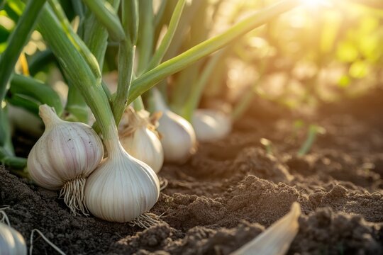 Garlic plants row growing in the dirt on agricultural field background. Garlic plantation. Vegetable garden. Fresh garlic bulbs, green leaves grow in soil. Sunset light. Organic vegetables farming