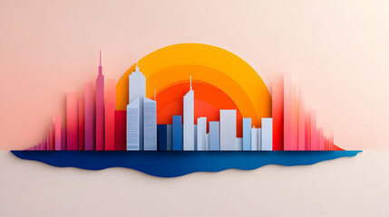 Fototapeta premium Cityscape, sunset, skyline, illustration, paper cut, colorful