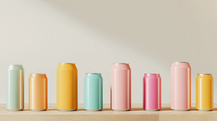 Realistic beverage packaging mockup assortment showcasing various colorful cans on a wooden surface