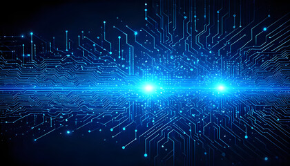 Abstract digital network circuit board background banner with glowing light and connecting data dots in blue and black colors. Big data technology concept. 