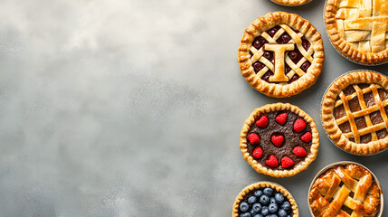 Delicious assortment of freshly baked pies with various fruit fillings on a gray background