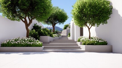 Fototapeta premium Serene pathway lined with trees and flowers in a tranquil setting.