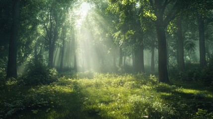 Fototapeta premium Sunbeams illuminate a misty green forest path.