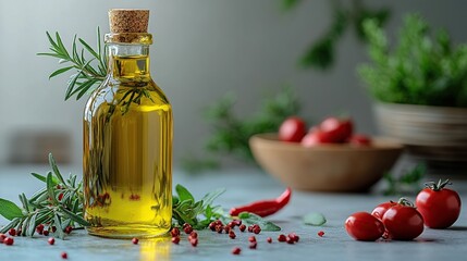 A clear glass bottle of oil with rosemary sprigs and red pepper flakes inside.