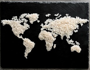 World Map with Americas, Asia, Africa, Europe, and Australia Shaped with Rice on Slate Plate Highlighting Food Scarcity