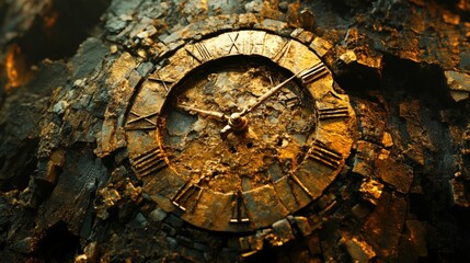 Golden antique clock embedded in dark, rough stone.