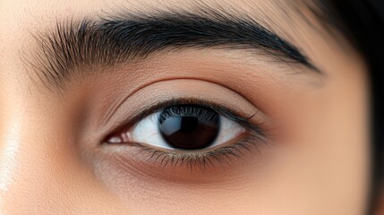 Fototapeta premium A sharp black eye of a South Asian person, surrounded by expressive eyebrows and a natural glow