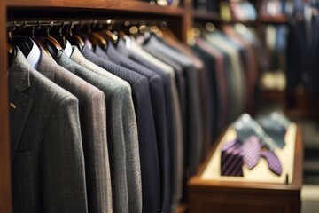 Obraz premium Luxury suit in shop, accessories. Man clothes store. Elegant and luxurious men's clothing garment. Classic suits, tie, necktie. Male shirts hanging in a row on clothing rack. Men's beauty, fashion.