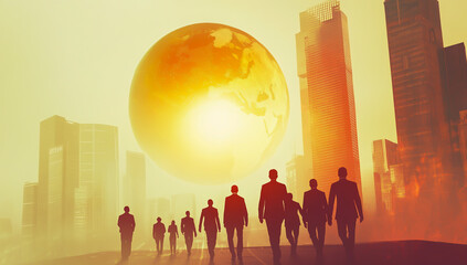 Naklejka premium A group of business people walk with a globe and building in the background