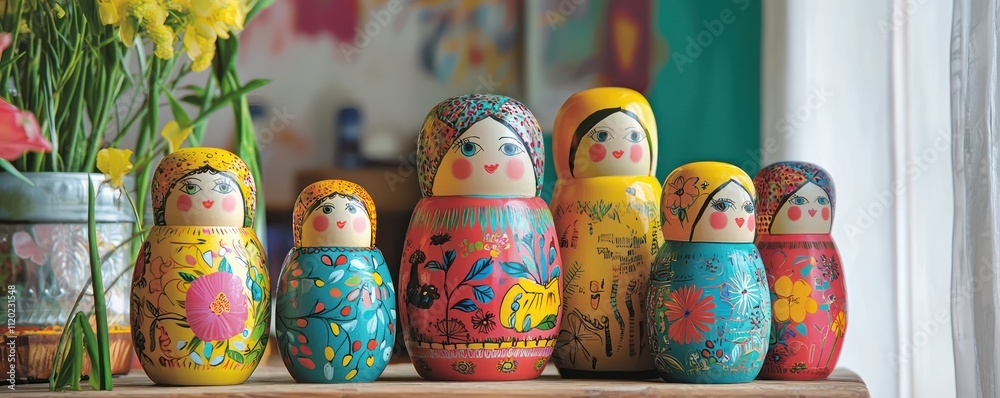 Wall mural PNG Nesting dolls in vibrant colors displayed on a table.