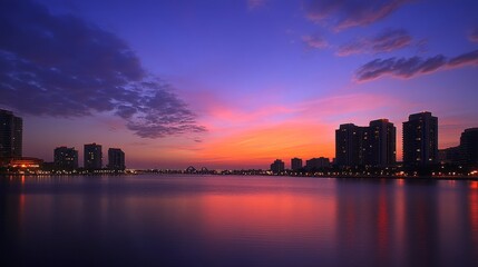 Fototapeta premium A serene sunset over a calm lake, reflecting colorful skies and silhouettes of city buildings.